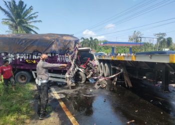 Hindari Jalan Berlubang, 2 Truk ‘Adu Banteng’ di Tegineneng, Pesawaran