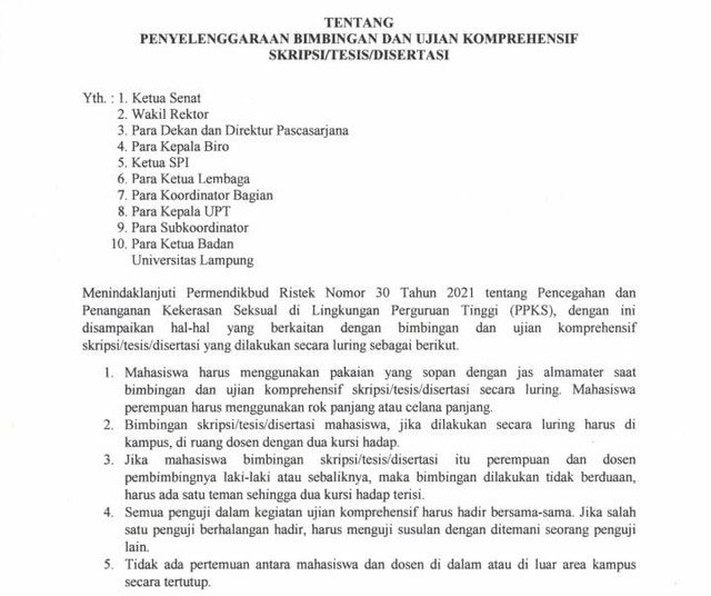 Cegah Pelecehan di Kampus, Ini Aturan Baru Bimbingan Skripsi Mahasiswa Unila